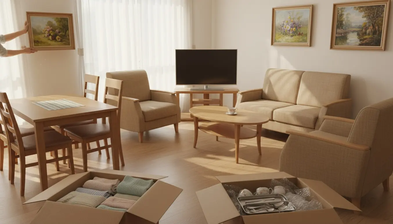 Hyggeligt plejehjemsværelse ved indflytning med møbler, flyttekasser og indrammede billeder.