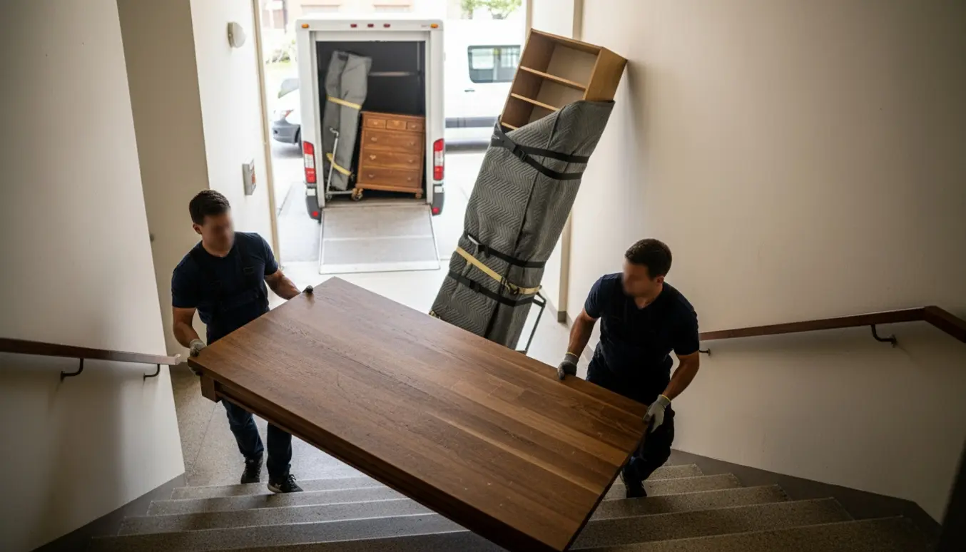 To flyttemænd bærer et langt spisebord ned ad en smal trappe, mens en massiv kommode står i elevatoren.