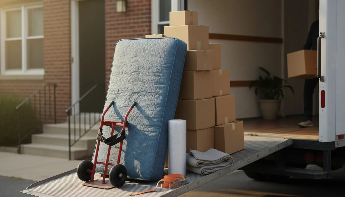 Flyttebil med en indpakket madras og cirka 15 kasser på rampen ved en lejlighedsindgang.