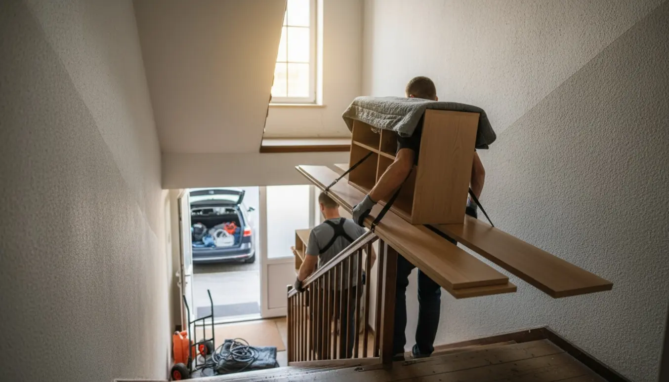 To personer bærer planker og en reoloverdel ned ad en trappe, mens en VW Passat holder med bagagerummet åbent.