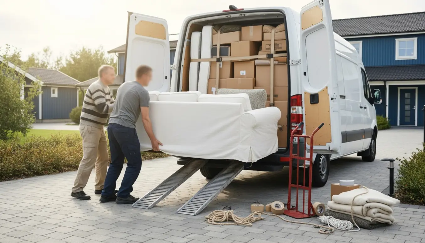 Flyttebil med åben bagdør, sofa, seng og stabler af flyttekasser ved indkørsel.