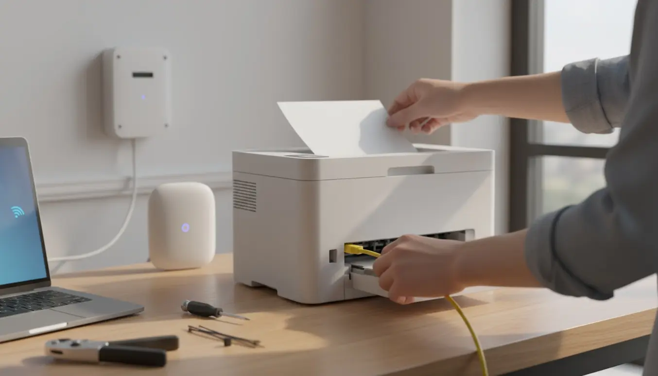 Hænder tilslutter en printer med netværkskabel efter installation af fibernet i et hjemmekontor.