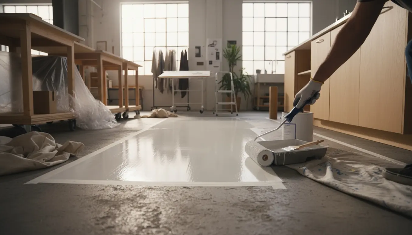 Hvid maling rulles på et betongulv i et lyst designstudie med køkkenområde.