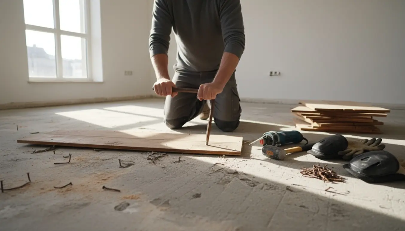 Delvist demonteret trægulv i et lyst rum med værktøj og bunker af fjernede planker.