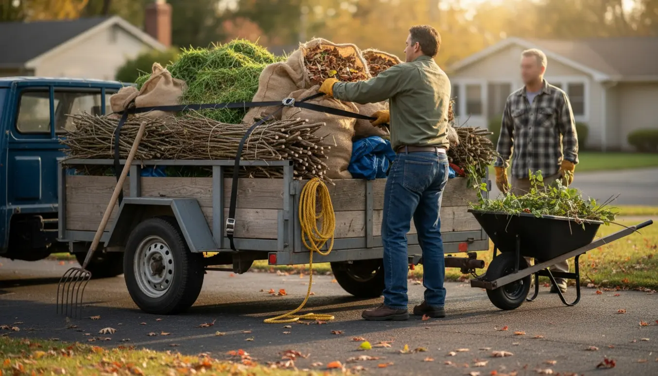 En pickup med trailer fyldt med haveaffald, hvor hænder sikrer læsset på en soloplyst indkørsel.