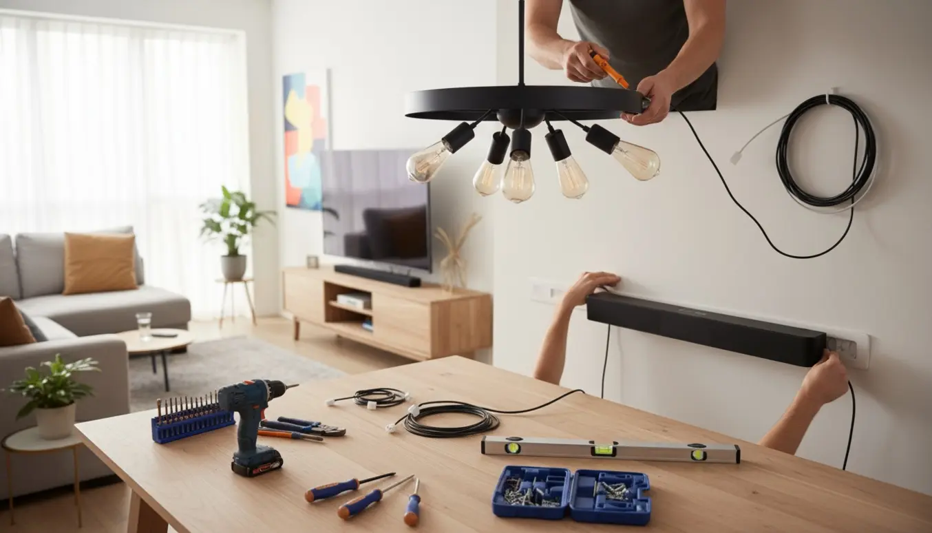 En person hænger en lampe over et bord, mens en soundbar monteres under TV'et med værktøj på bordet.