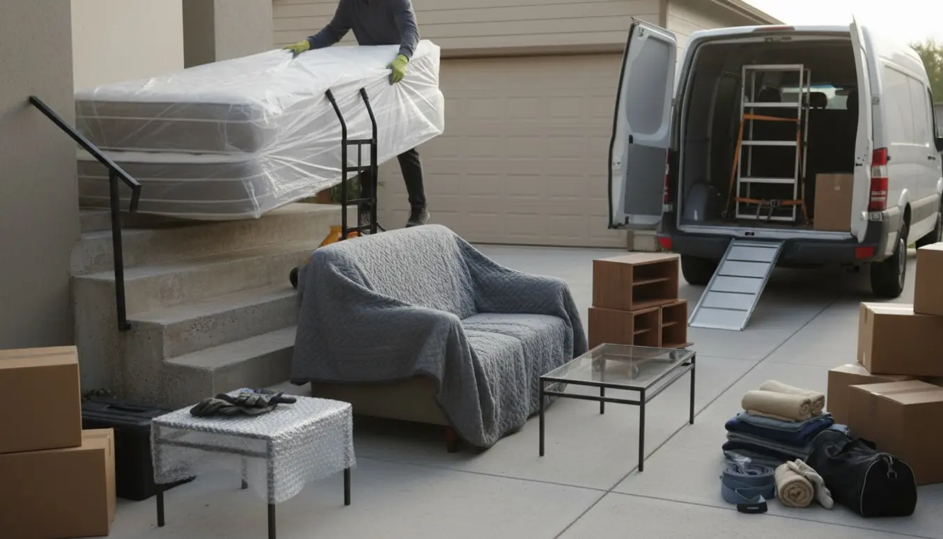 Flyttefolk fører sofa og madrasser ned ad kældertrappen mod en åben varebil og garage.