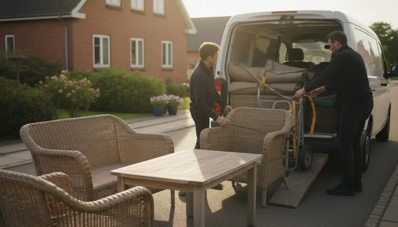 Havemøbler — en sofa, to stole og et bord — læsses ind i en varevogn på en rolig villavej.