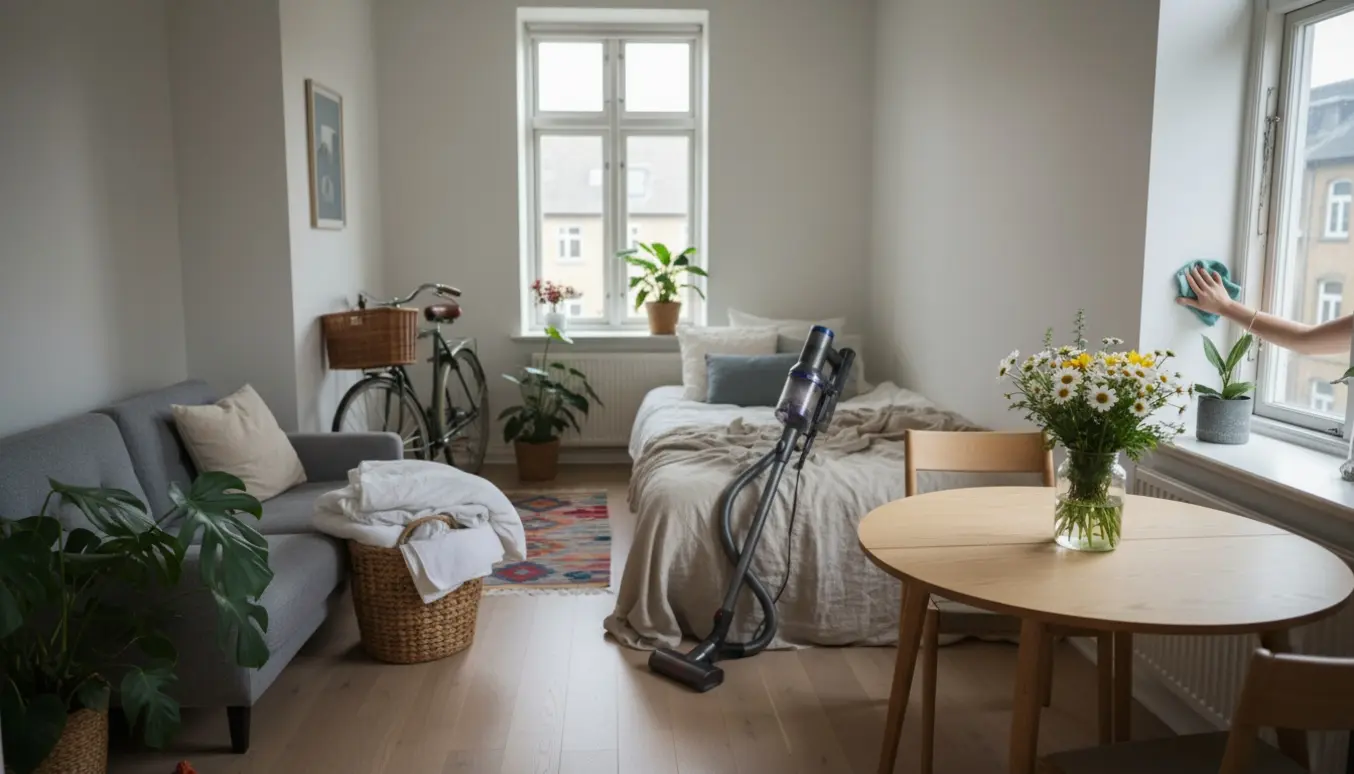 Lille Nørrebro-lejlighed klargjort til udlejning med støvsuger, foldet sengetøj og frisk luft fra et solrigt vindue.