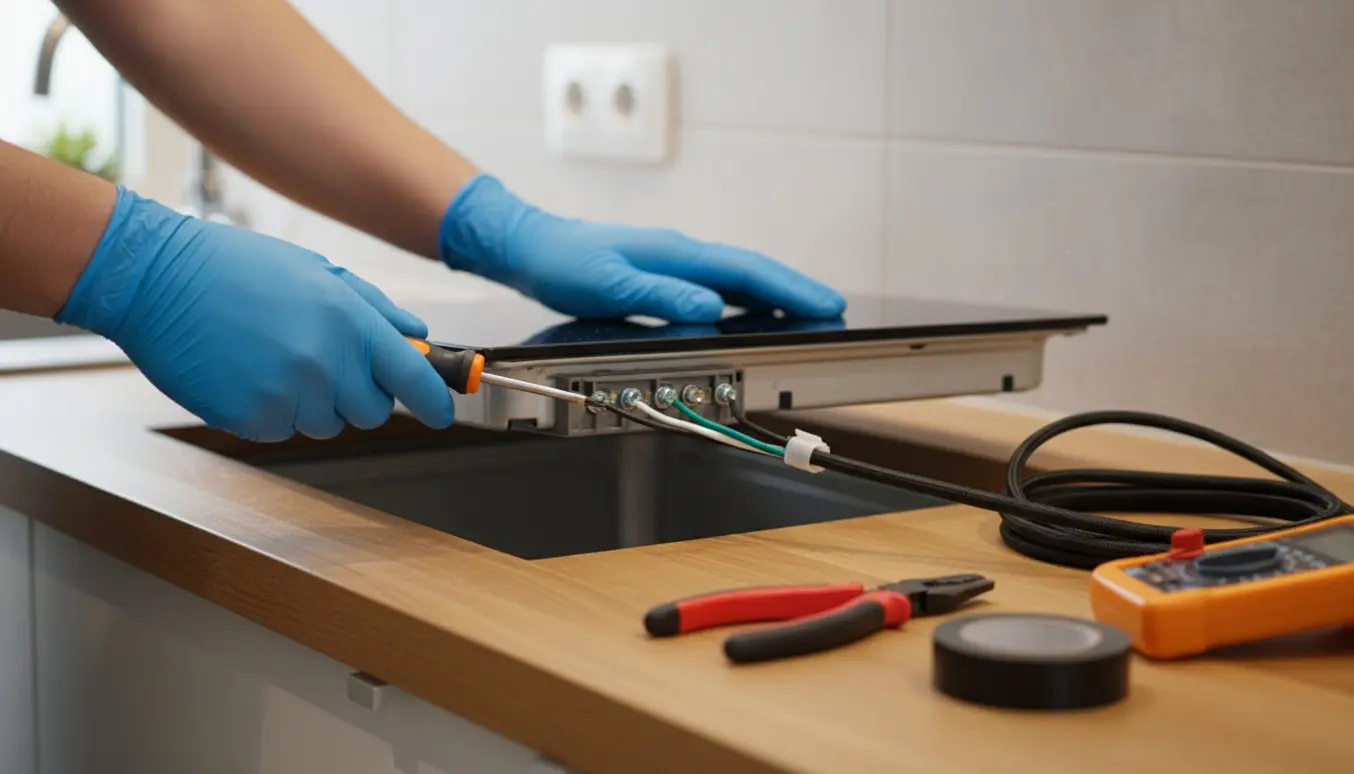 Hænder i isolerede handsker tilslutter ledninger til en indbygningskogeplade i et moderne køkken.