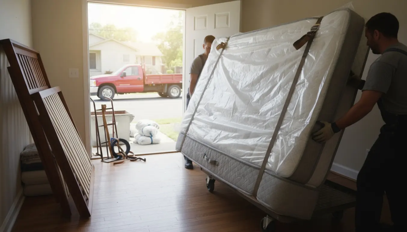 Stor kontinentalmadras bæres ud af et hus mod en container og lastbil til aflevering af affald.