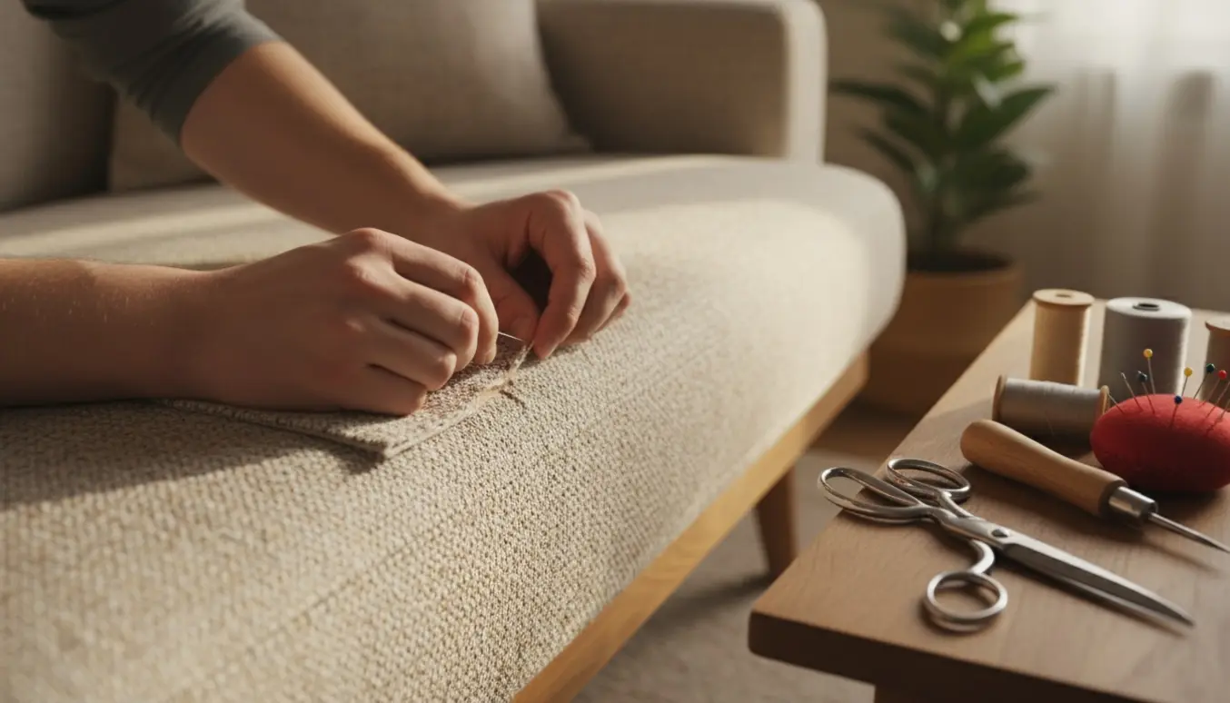 Nærbillede af hænder, der syr en lille lappe i en vævet sofa i blødt naturligt lys.
