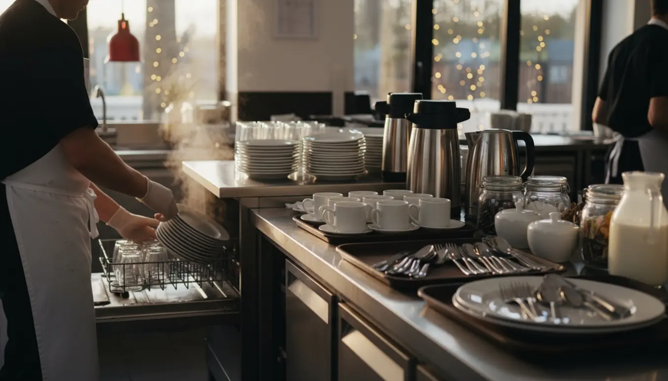 Hænder i forklæde lægger tallerkener i opvaskemaskinen og stiller kaffekander og kopper klar i et varmt aften-køkken til fest.