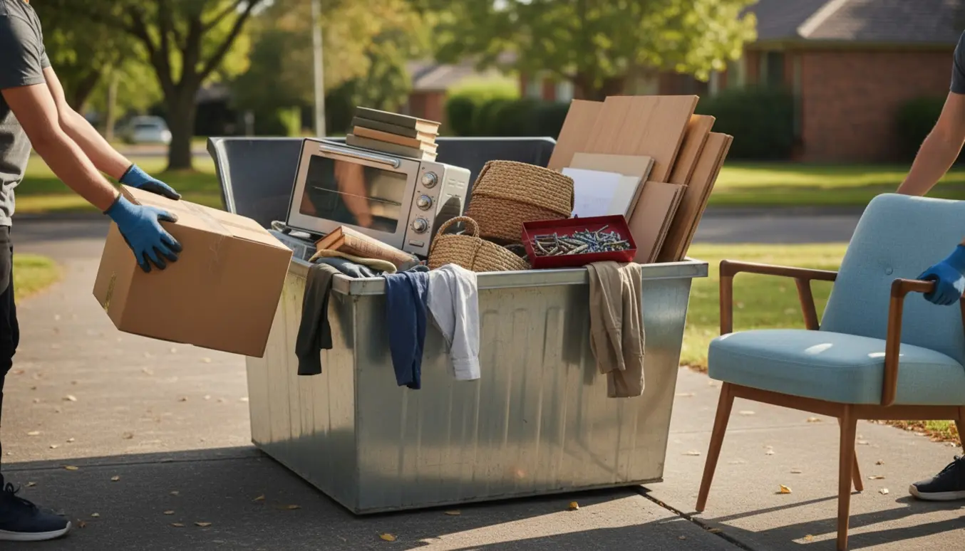 Blandet husholdningsaffald og møbler klar ved en åben, ubrandet container på en indkørsel, hænder med arbejdshandsker læsser en papkasse.