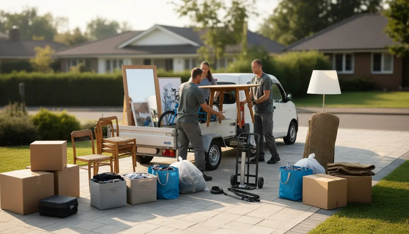 To personer læsser et rundt bord, stole, kasser og en cykel ind i en bil med trailer på en solrig indkørsel.