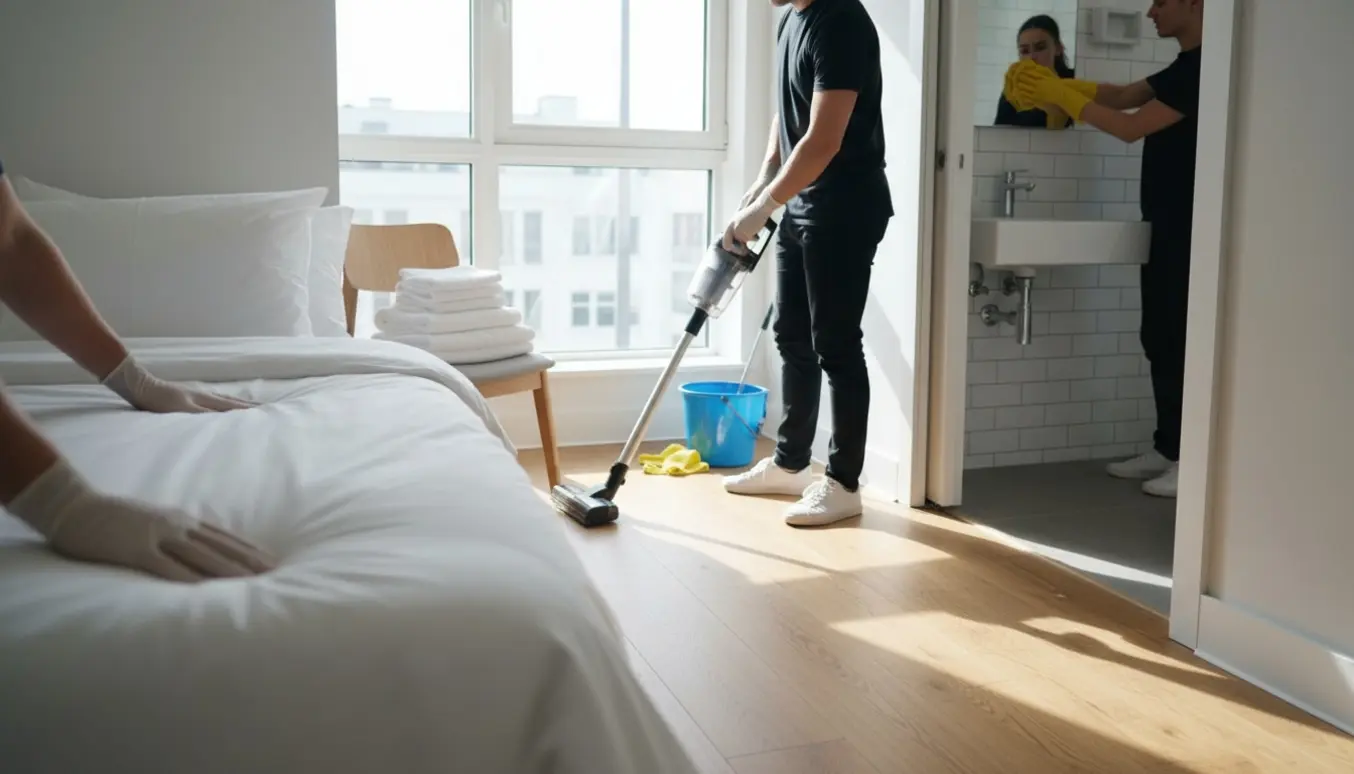 Solbelyst moderne Airbnb-lejlighed, hvor seng bliver redt, gulv støvsuges og badeværelsesoverflader tørres.