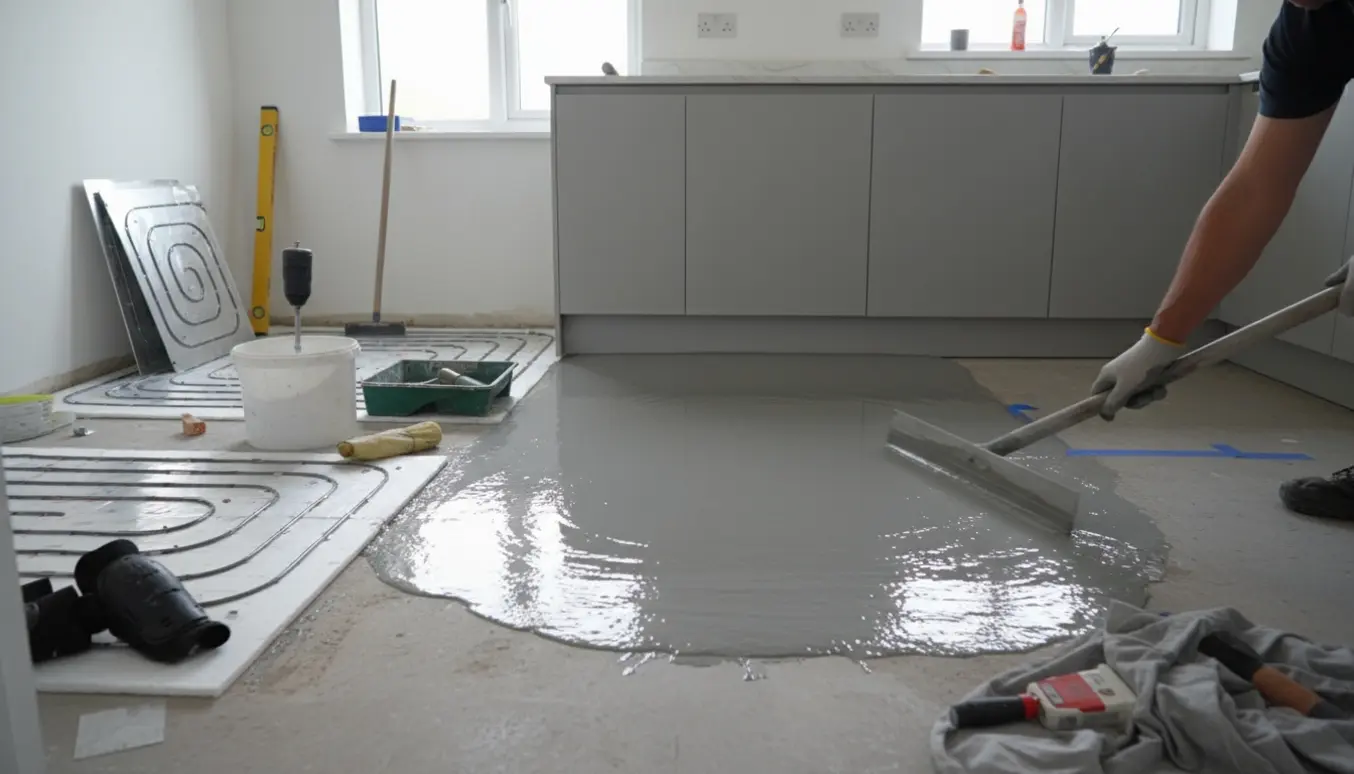 Håndværker glatter gulvspartelmasse i et køkken foran udlagte gulvvarmeplader.