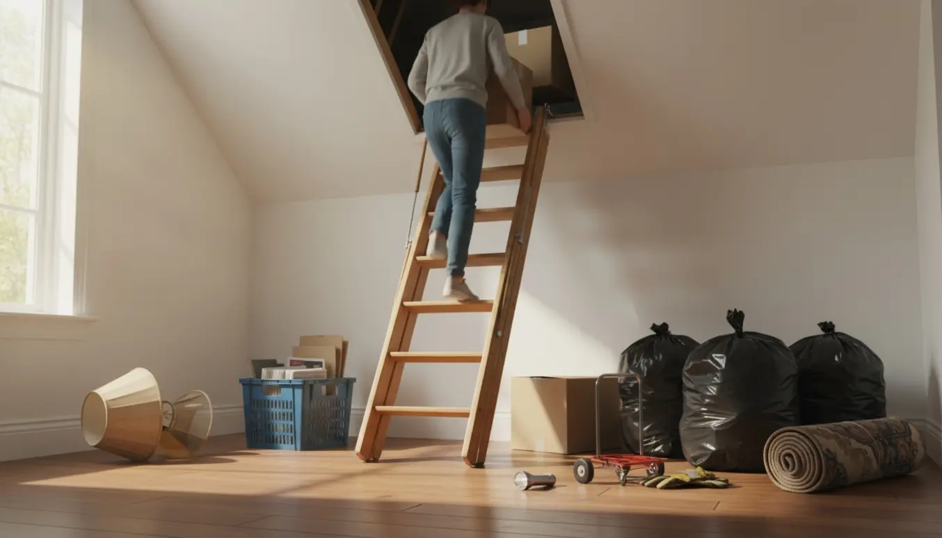 Åben loftlem med en person set bagfra, der bærer kasser op, og affaldssække liggende klar på gulvet.