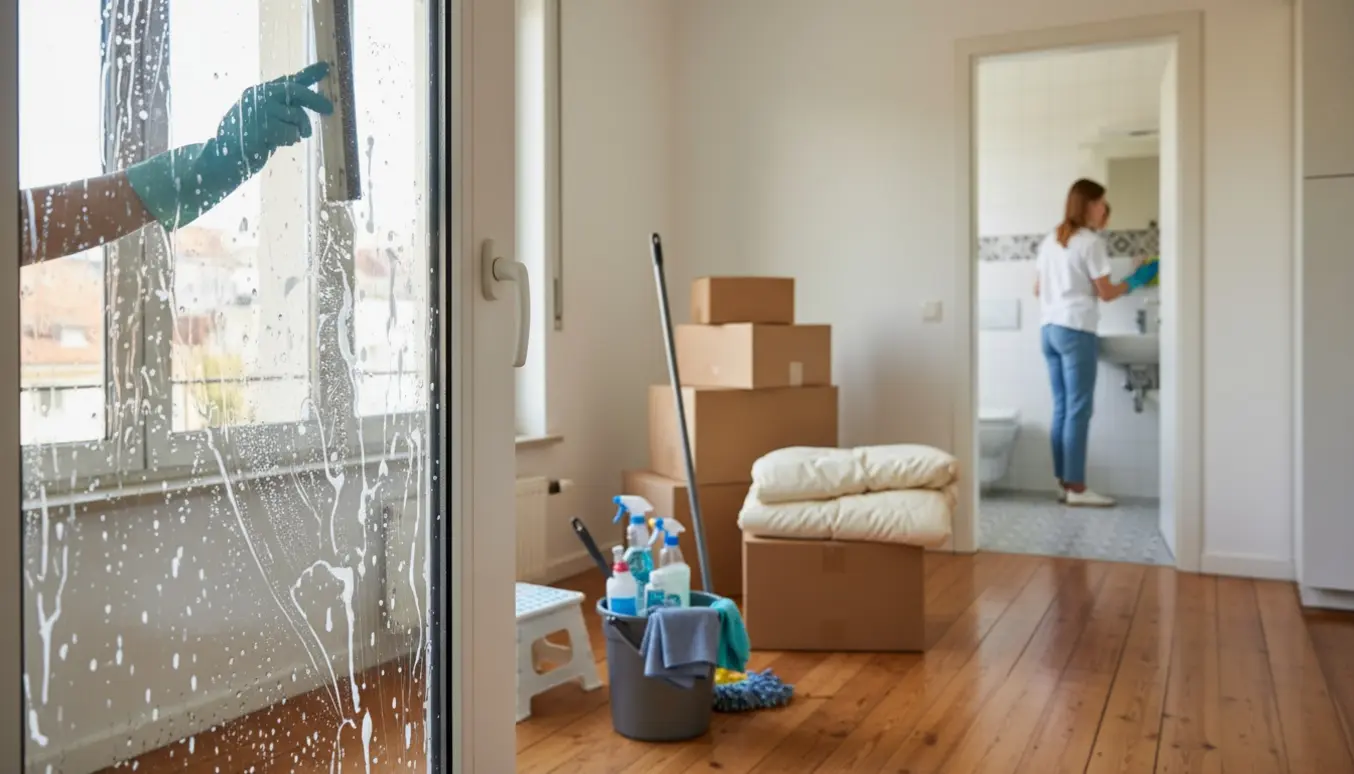 Rengøringsperson i handsker pudser vindue i en lys lejlighed med flyttekasser og nyvaskede badeværelsesfliser i baggrunden.