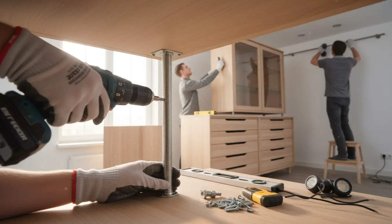 Hænder monterer skabsben med boremaskine, mens andre løfter et vitrineskab og en person på en skammel monterer en gardinstang.