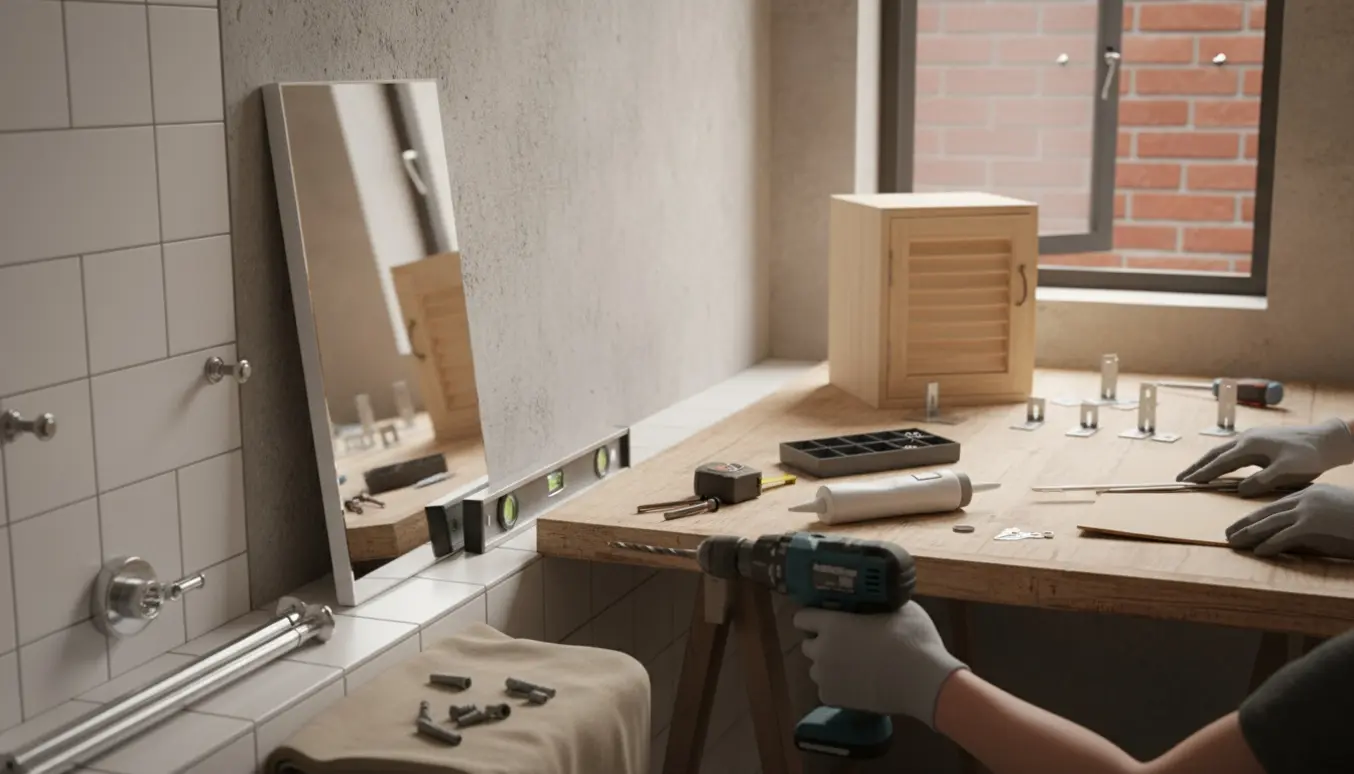 Hænder og værktøj til ophængning og samling ved flise-, beton- og murstensvægge.