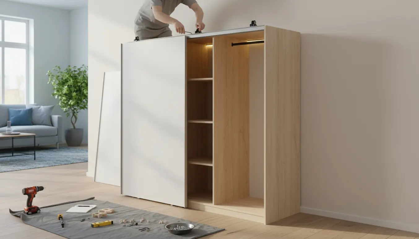 Delvist samlet skydedørsskab i skandinavisk stil med LED-lys og værktøj på et beskyttelsesunderlag.
