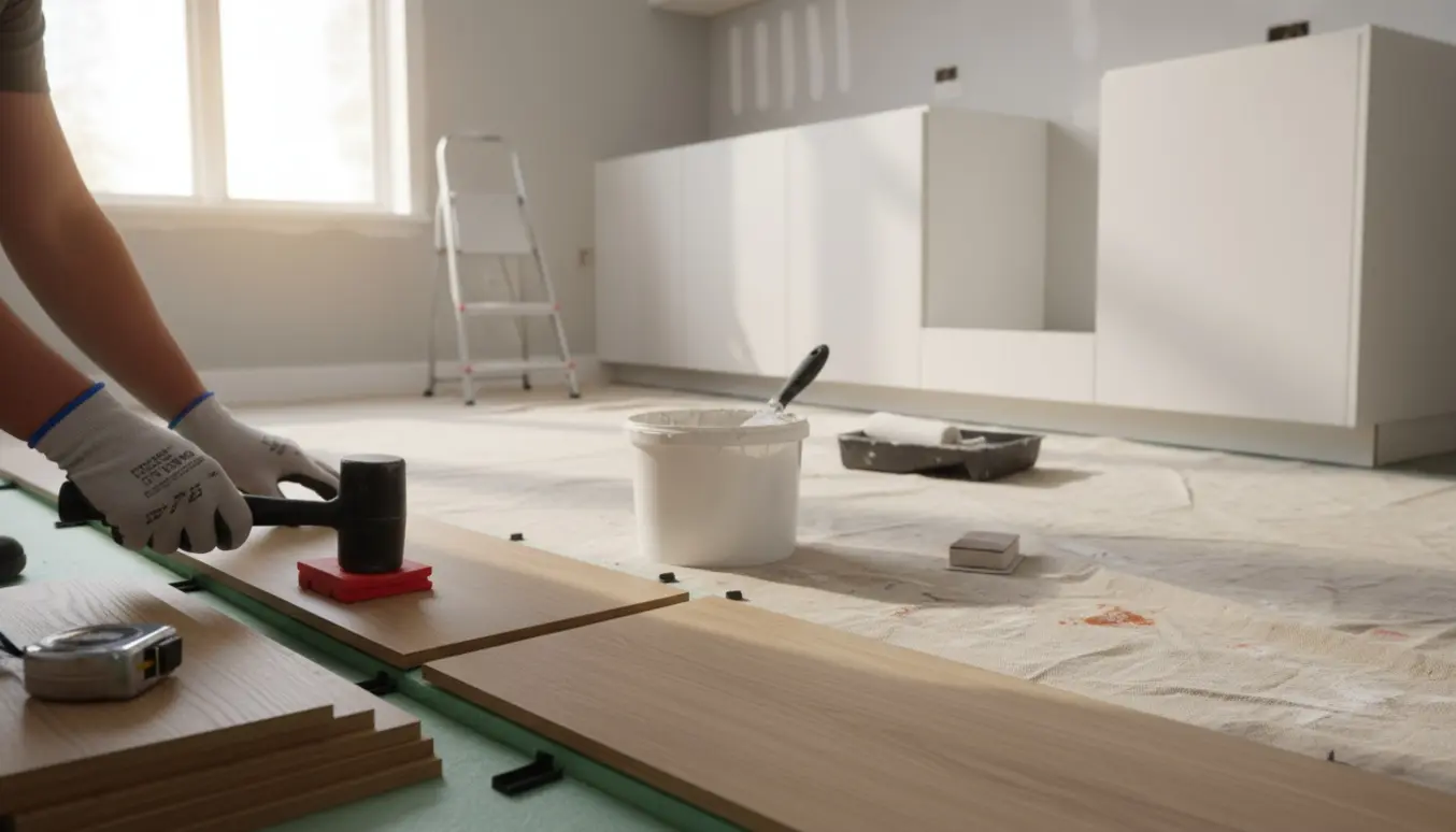 Kompakt 45 m² lejlighed under renovering med klikgulv, spartelværktøj og malerudstyr i naturligt lys.