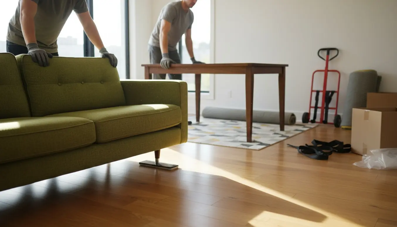 Personer flytter en sofa og ruller et gulvtæppe sammen i en lys stue.