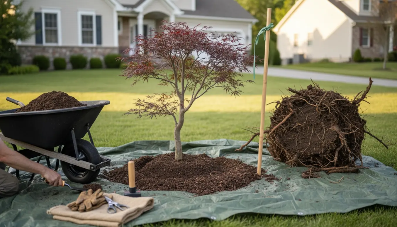 Hænder rydder en fjernet busk og udfører mindre reparation omkring et træ i en forhave.