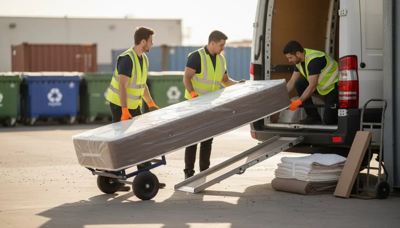 To flyttemænd læsser en enkelt madras ind i en varevogn klar til aflevering på genbrugsstationen.