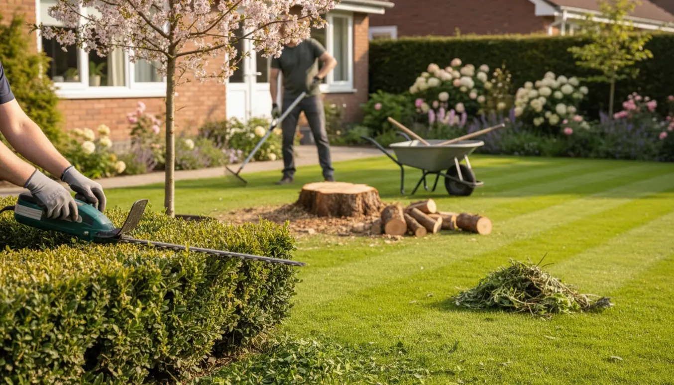 En gartner trimmer hæk, beskærer træer og samler kvas i en velplejet villahave med nyslået græs.