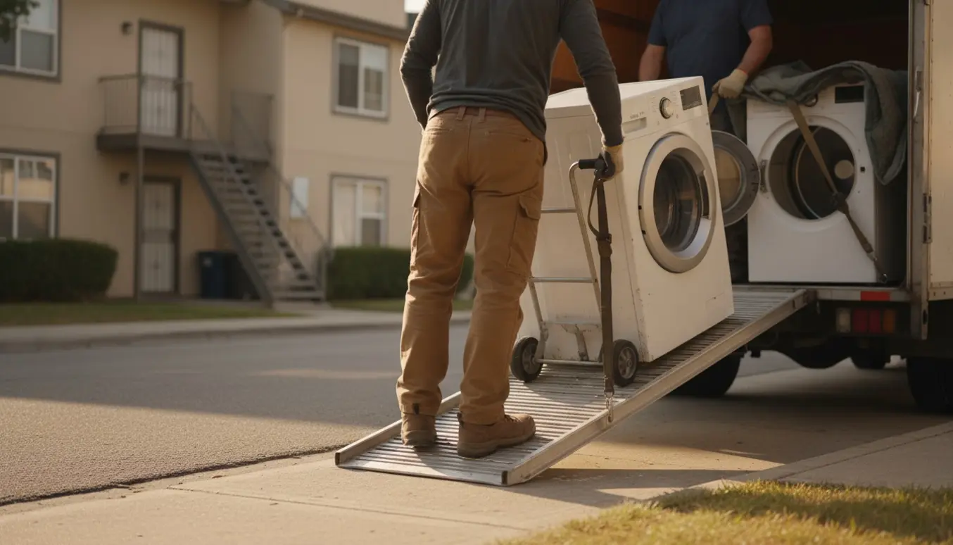 To flyttemænd læsser en vaskemaskine og en tørretumbler fra 2. sal ned i en lille lastbil ved vejen.