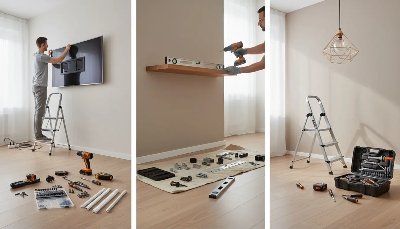 Tre tilstødende rum hvor hylder, lamper og fladskærme bliver monteret, med værktøj og hænder i arbejde.