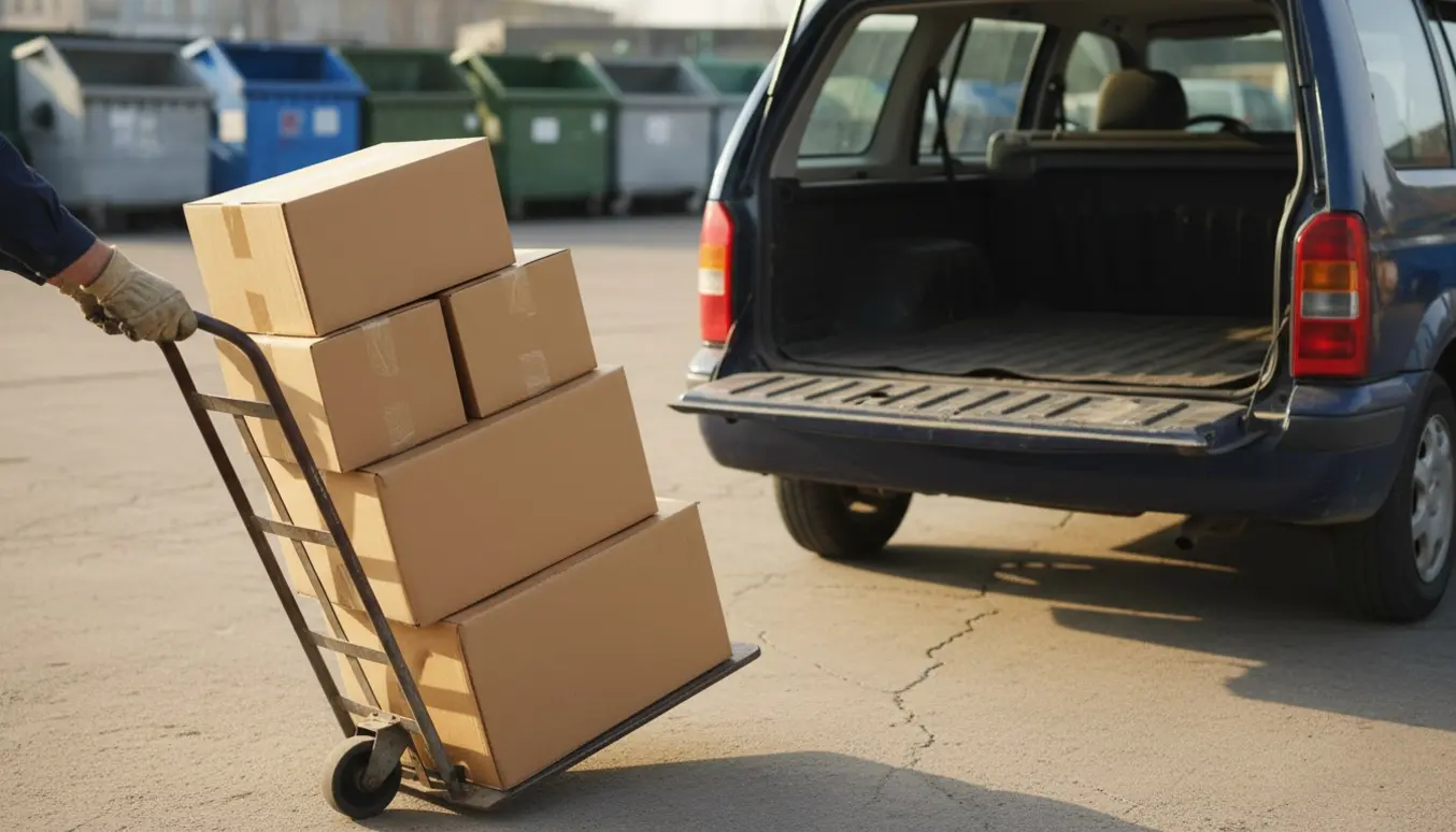 Fire store papkasser læsses på en sækkevogn ved en genbrugsplads med åben bil i baggrunden.