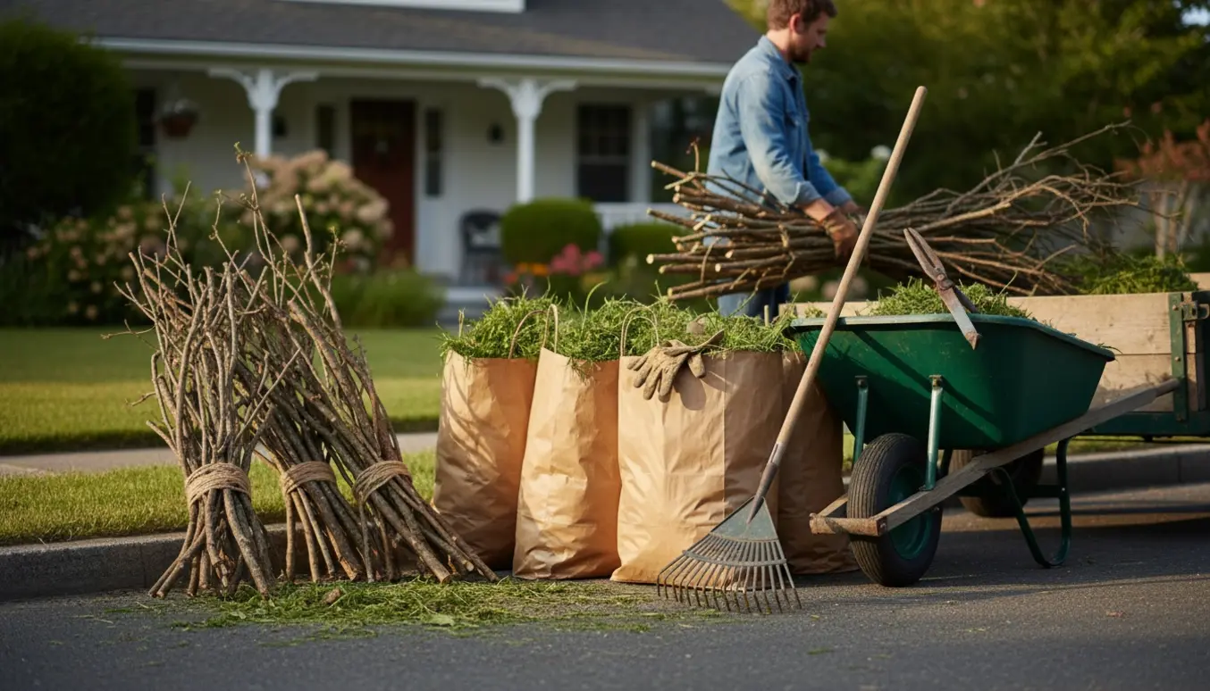 Kantstensbunke med bundne grene, papirposer med græsslået og haveredskaber klar til afhentning i blødt morgenlys.