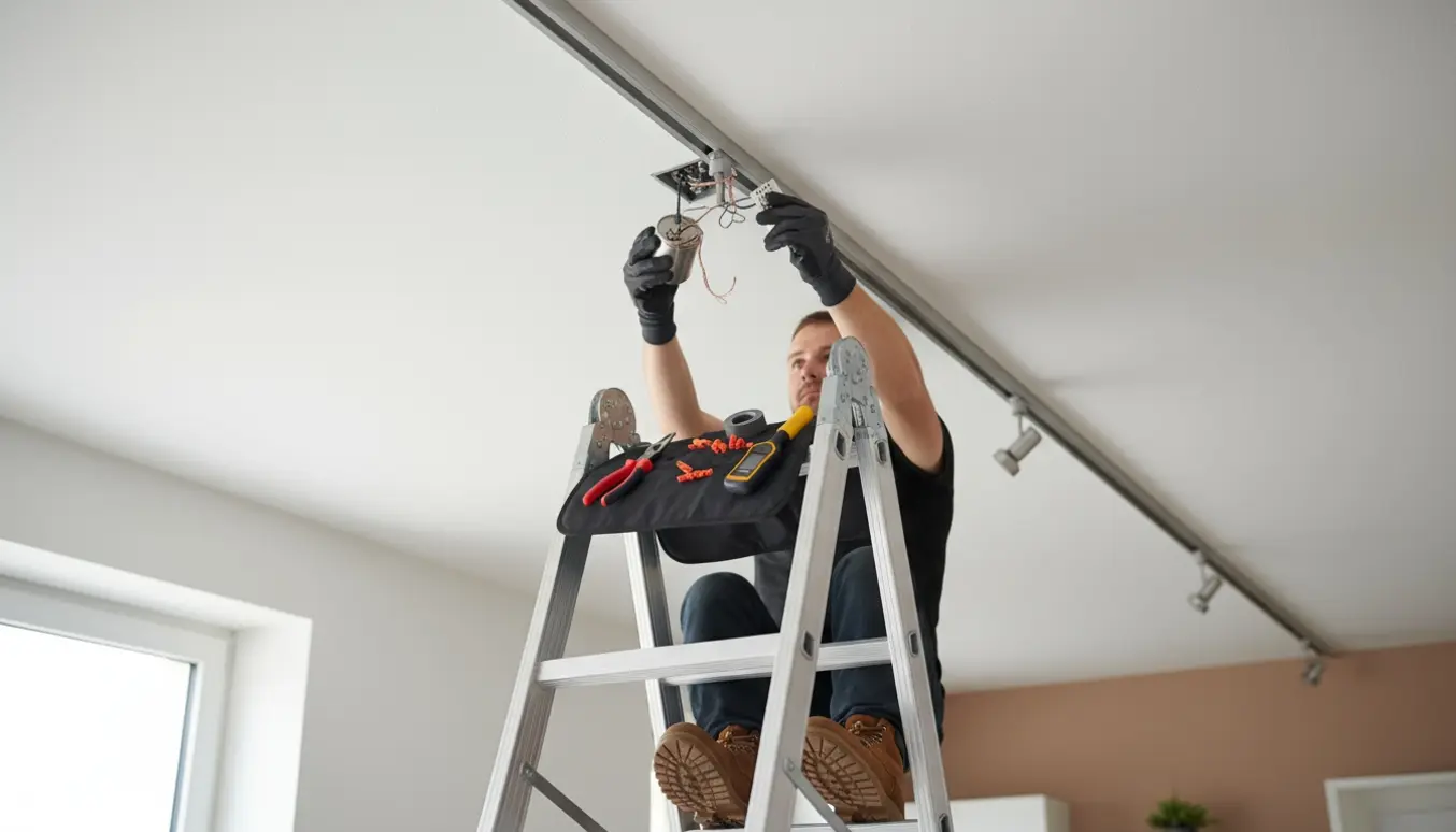 Hænder på en stige afmonterer en loftlampe og frakobler ledninger med isolerede værktøjer.