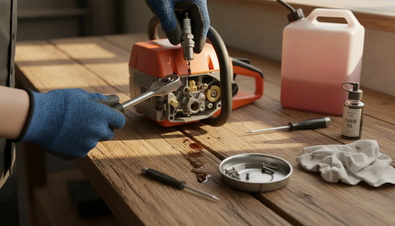 Nærbillede af en kædesav på værkstedet, hvor hænder inspicerer tændrøret med reparationsværktøj.