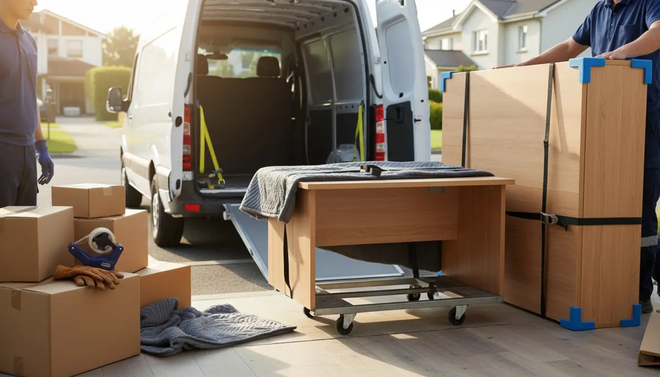 To skriveborde pakket på en dolly og læsset i en hvid varevogn foran et parcelhus.