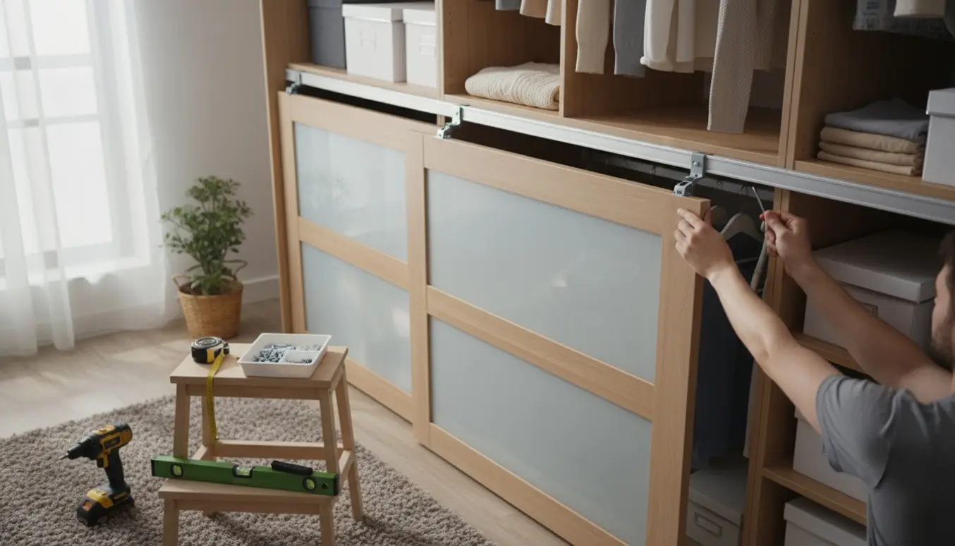 Hænder monterer skydedør på et samlet PAX-garderobeskab i et lyst soveværelse.