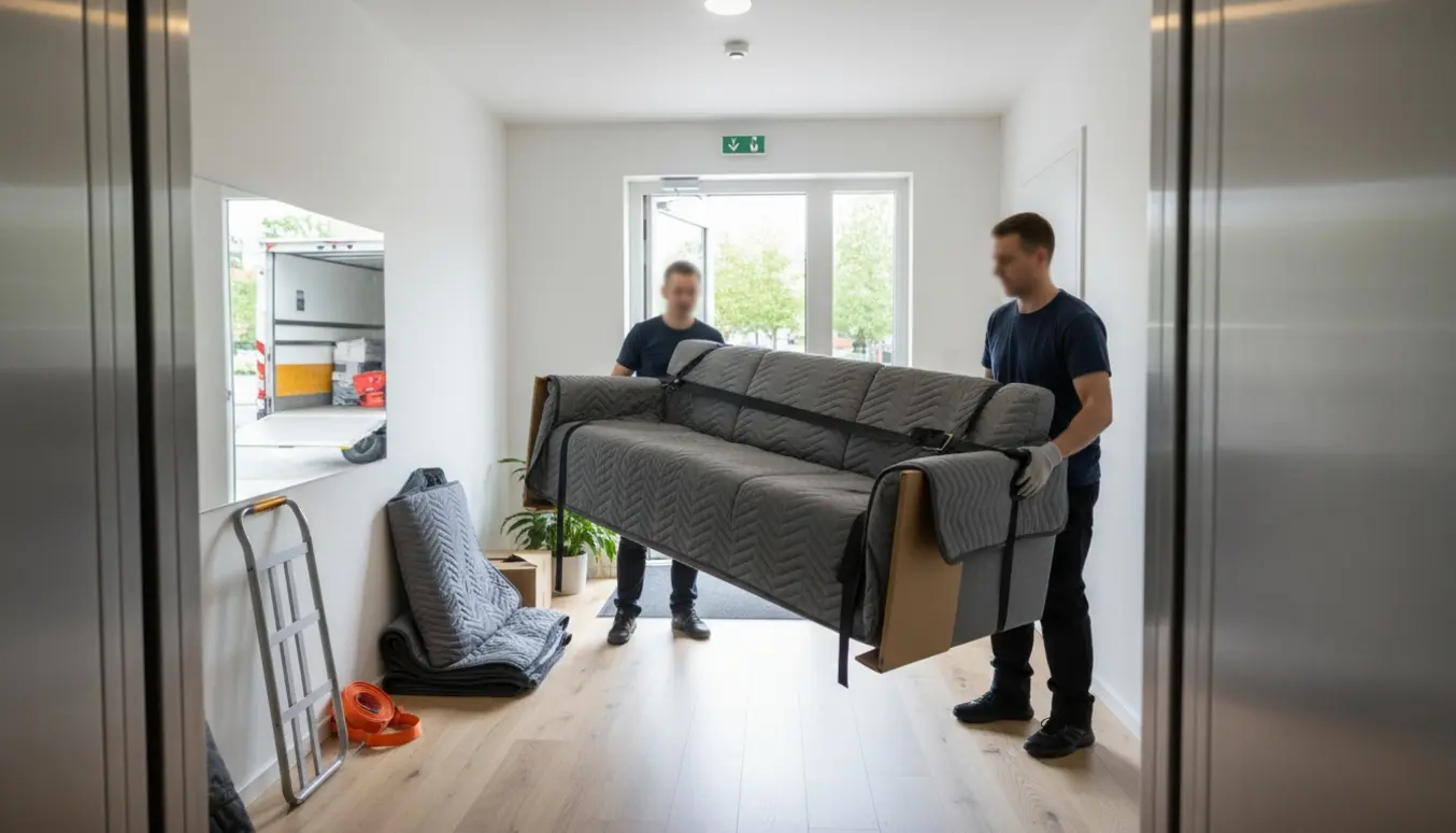 En indpakket 3-personers sofa bæres ind i en elevator af flyttefolk i en lys dansk opgang.
