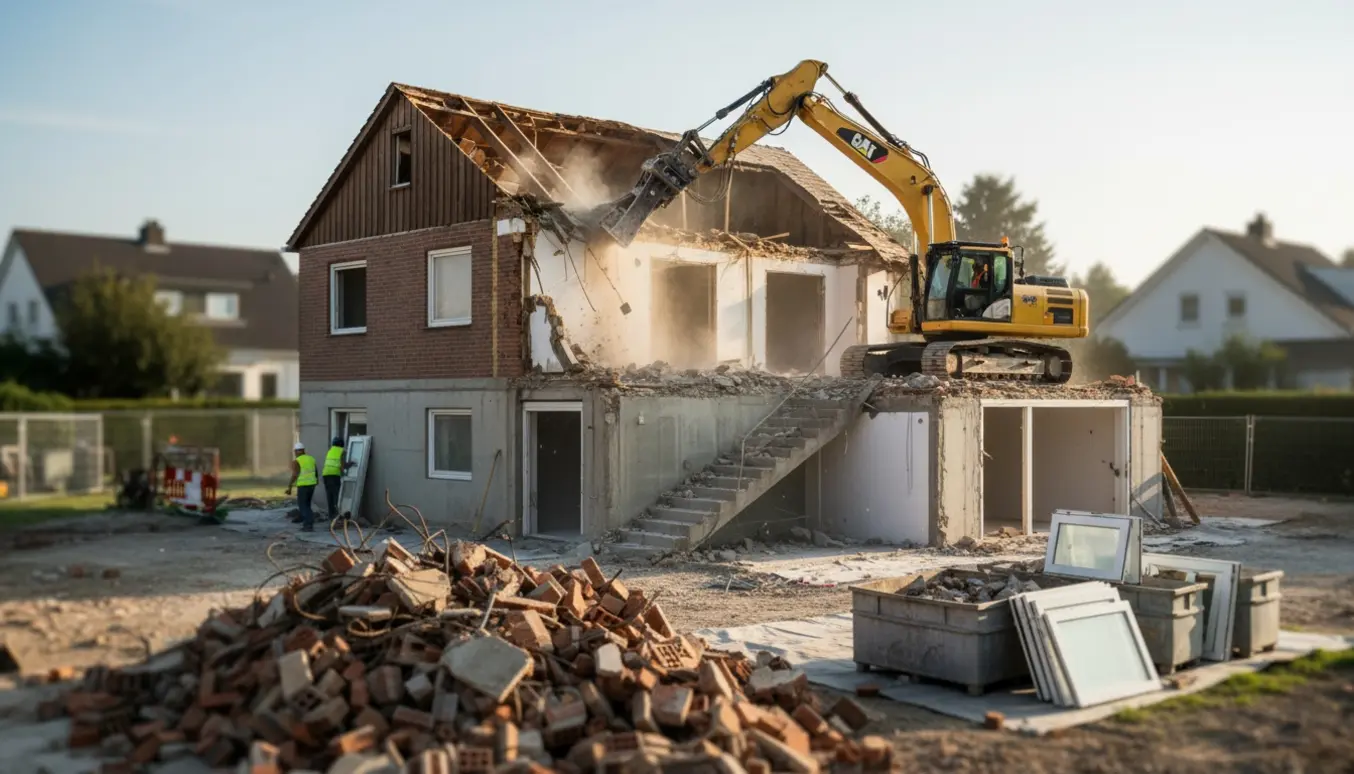 Nedrivning af et mellemstort hus på fladt grund med gravemaskine, ødelagt facade og bunker af murbrokker.