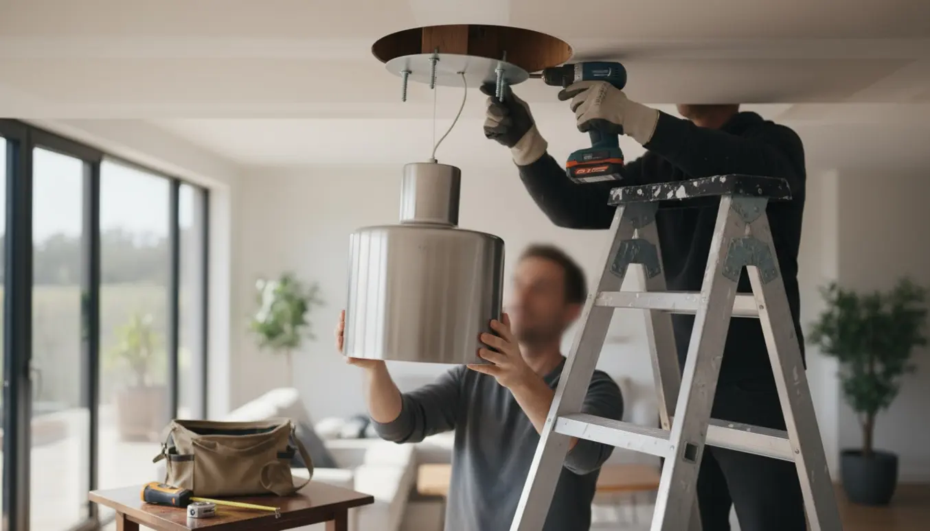 En person på stige fastgør en tung pendel i et gipsloft, mens en anden holder lampen underneden.