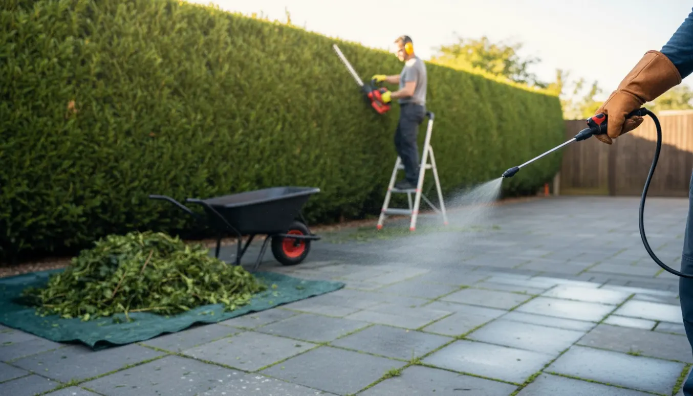 En nyklippet hæk på 50 m i baggrunden og en person, der sprøjter alger og ukrudt af fliserne og indkørslen.