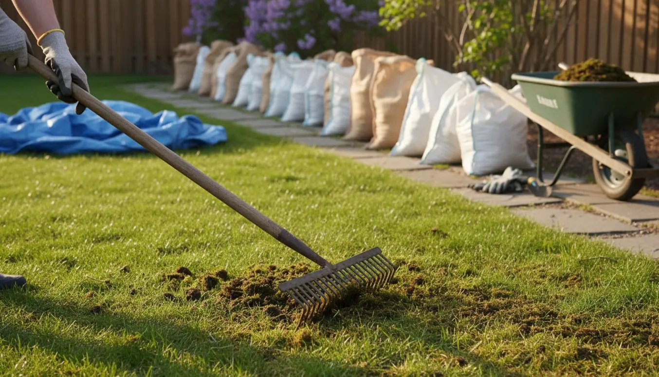 Rivning af mos på en græsplæne med riven, fyldte sække og trillebør klar til afhentning.