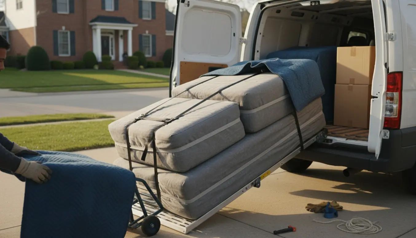 Tre boksmadrasser læsses ind i en varevogn på en indkørsel, sikret med stropper og flytteudstyr.