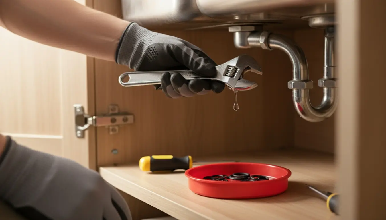 Hænder med handsker reparerer en dryppende køkkenvandhane under vasken med værktøj og reservedele.