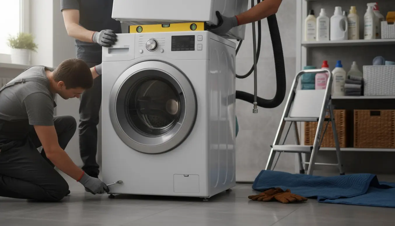 To personer løfter en tørretumbler af en vaskemaskine i et bryggers med vater og værktøj.