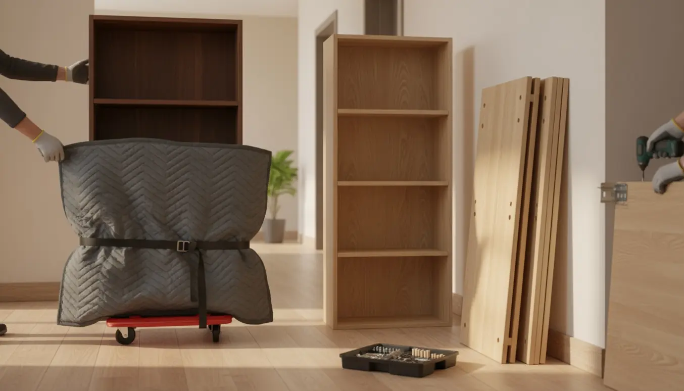 To reoler under flytning i en lys lejlighedsgang, én på flyttehjul og én delvist skilt ad med værktøj ved siden af.