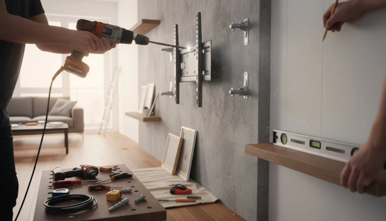 Hænder monterer et TV-ophæng på en betonvæg, mens reol og rammer forberedes på en ikke-betonvæg med værktøj omkring.