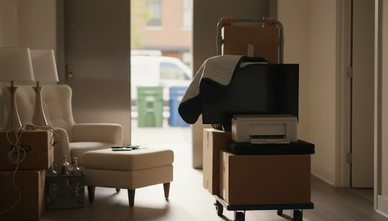 En flyttekærre med papkasser, TV, printer, lamper og en lænestol i opgangen foran en åben elevator.